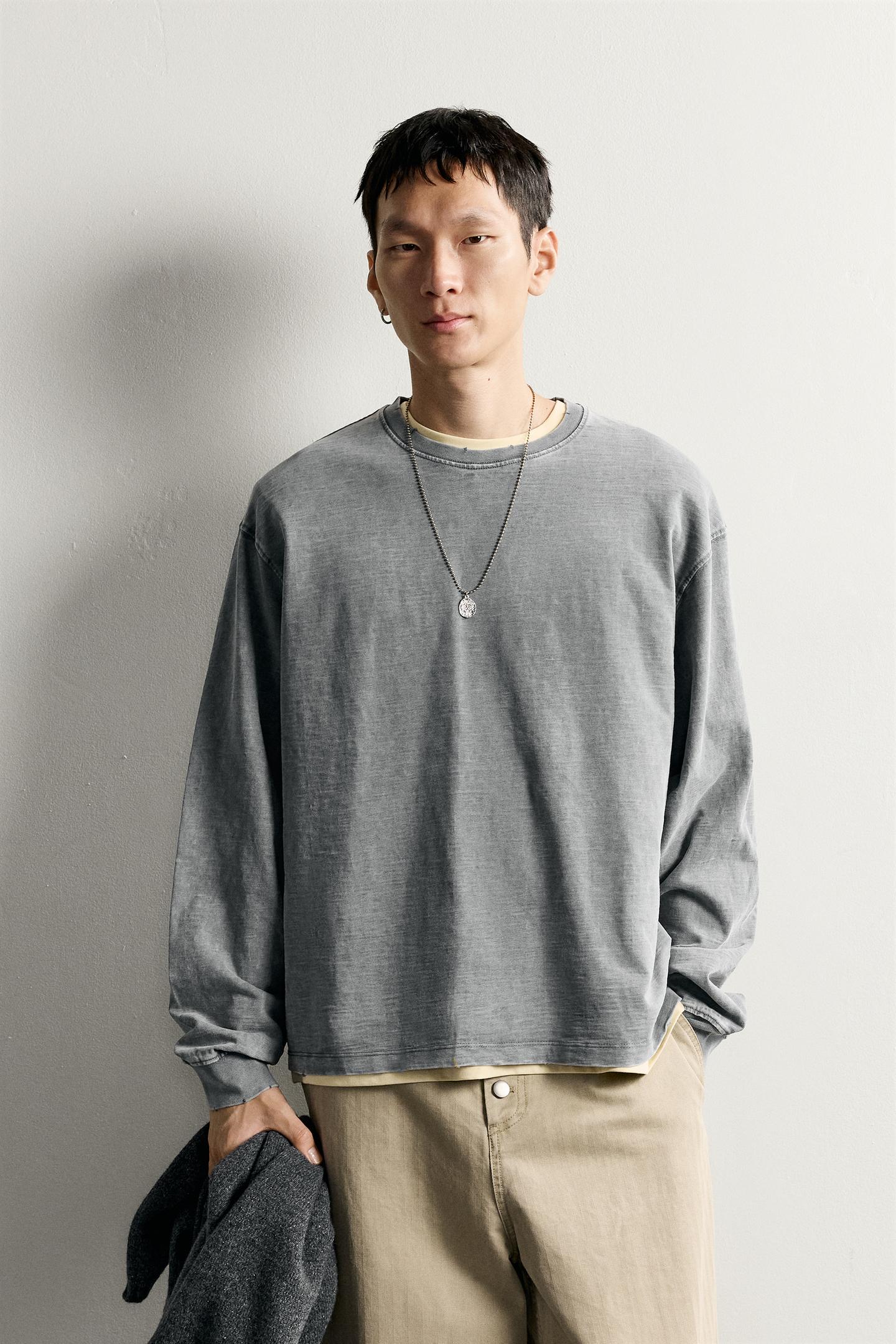 Мужская футболка Zara Washed Slub Relaxed Fit, цвет: Тёмный антрацитовый — фото 2