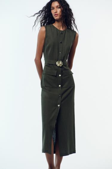 LINEN BLEND MIDI DRESS WITH BELT - Dark khaki by Zara