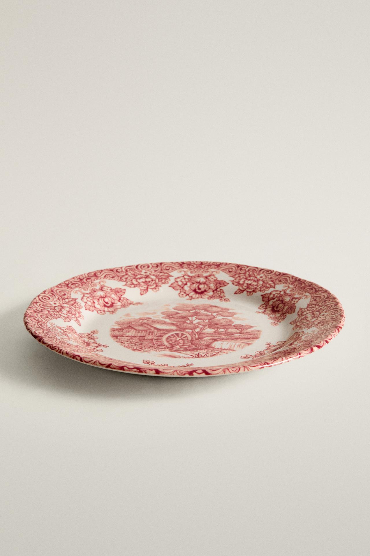 FLORAL LANDSCAPE EARTHENWARE DESSERT PLATE — Burgundy