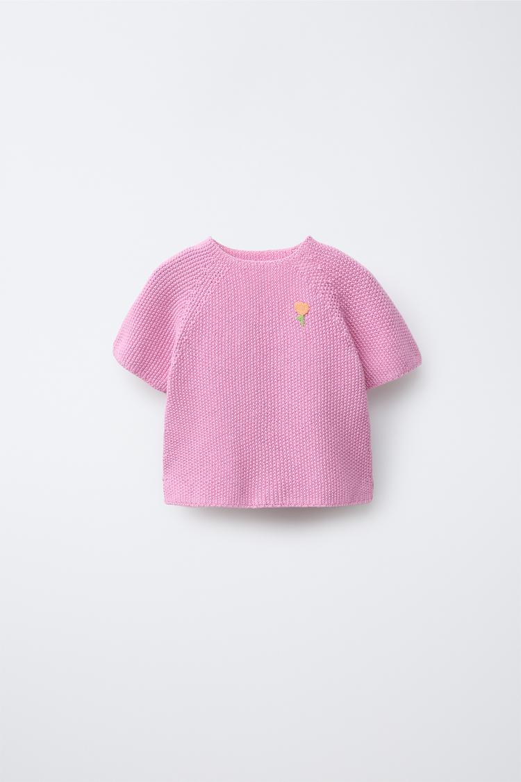 SHORT SLEEVE SWEATER WITH EMBROIDERED PATCH Pink ZARA South Africa
