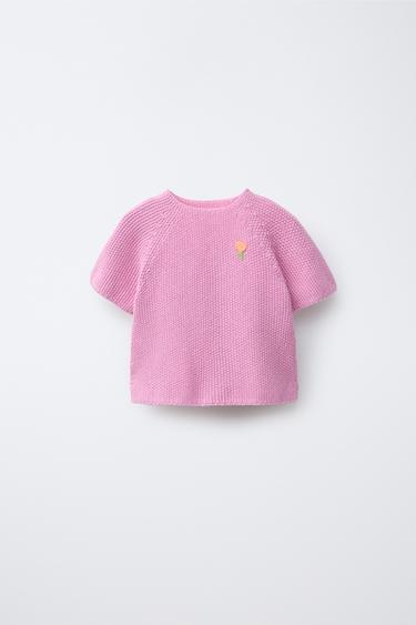 Zara EMBROIDERED PATCH SHORT SLEEVE SWEATER - Pink