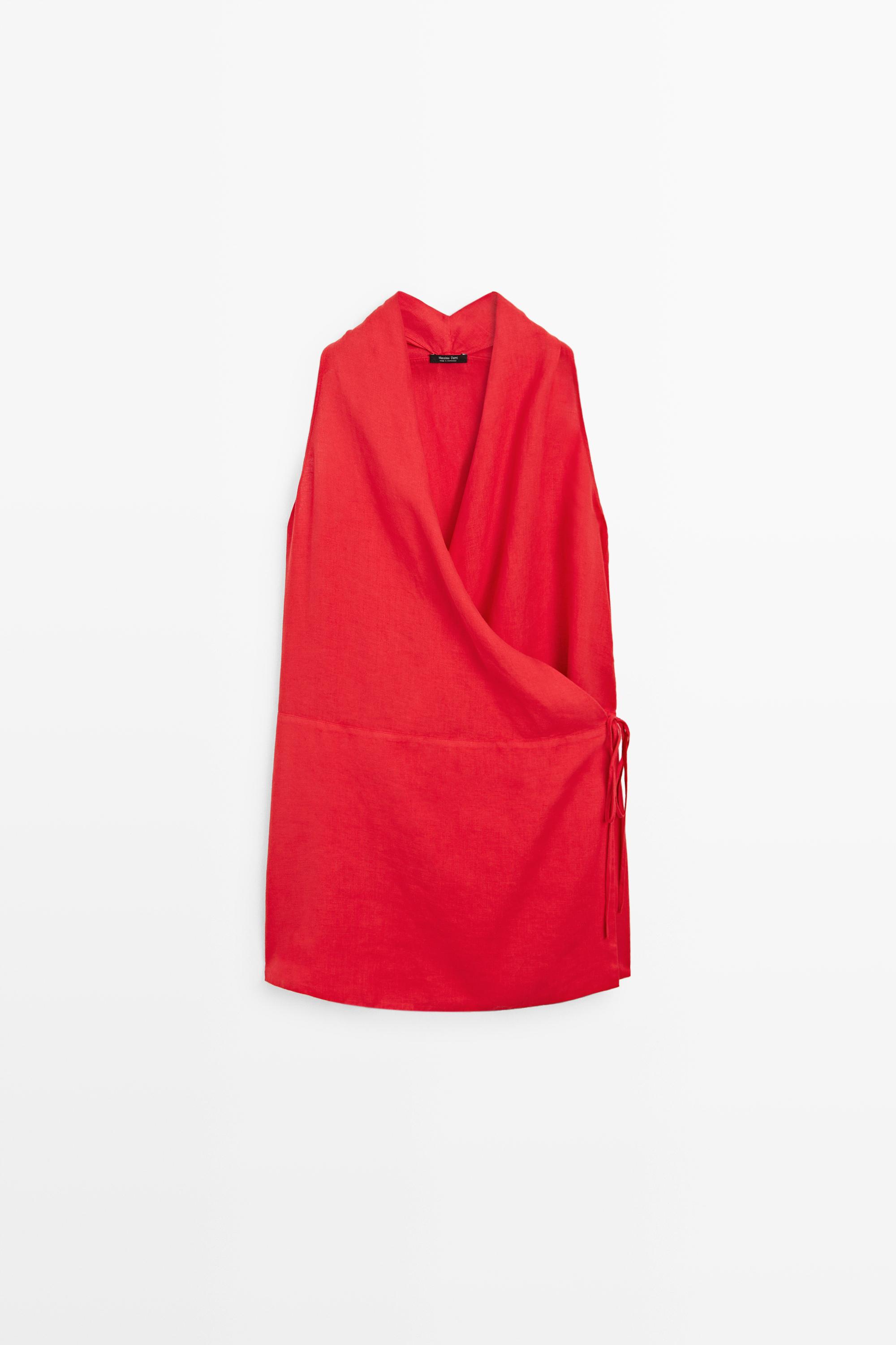 100% linen surplice mini dress
