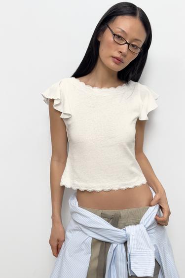 ТОП С ВОЛАНАМИ И КРУЖЕВОМ — БЕЛЫЙ от Zara