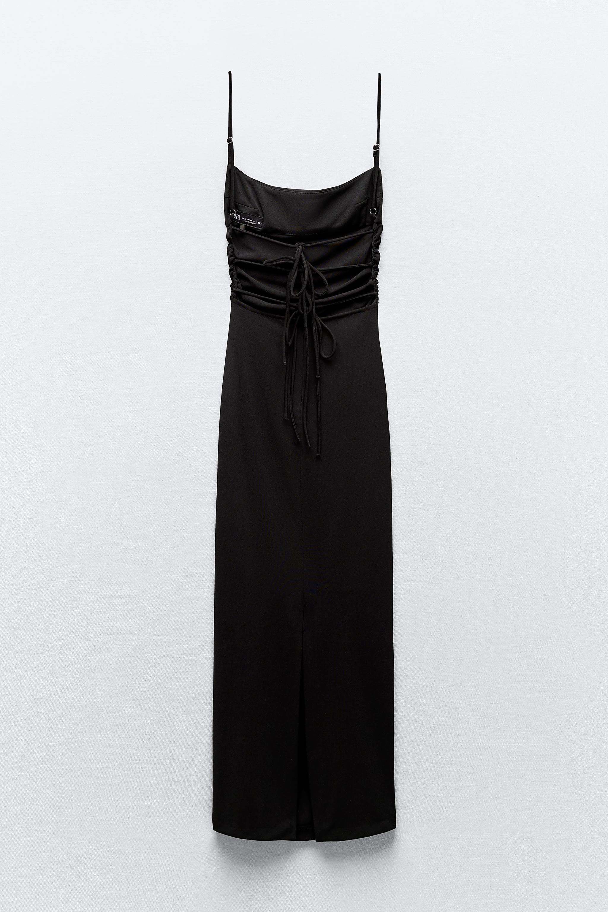 ZARA Black Satin Ruched Strappy Spaghetti Midi Long Evening Cami Dress XS 6  8