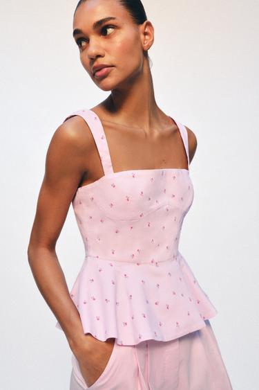 CORSETRY-INSPIRED STRIPED FLORAL TOP - Pink by Zara