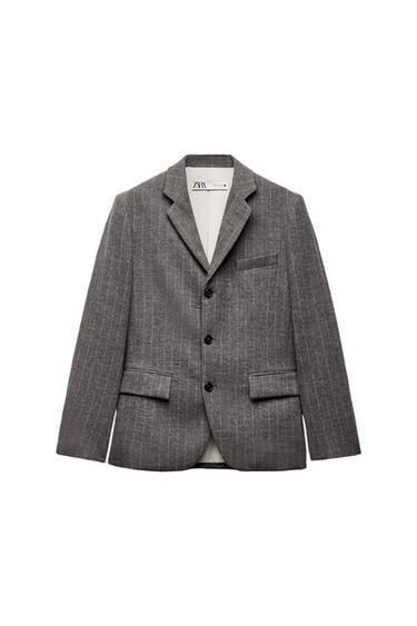 Front view of a gray jacket with fine stripes and flap pockets.