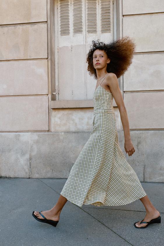 PLAID STRAPPY MIDI DRESS