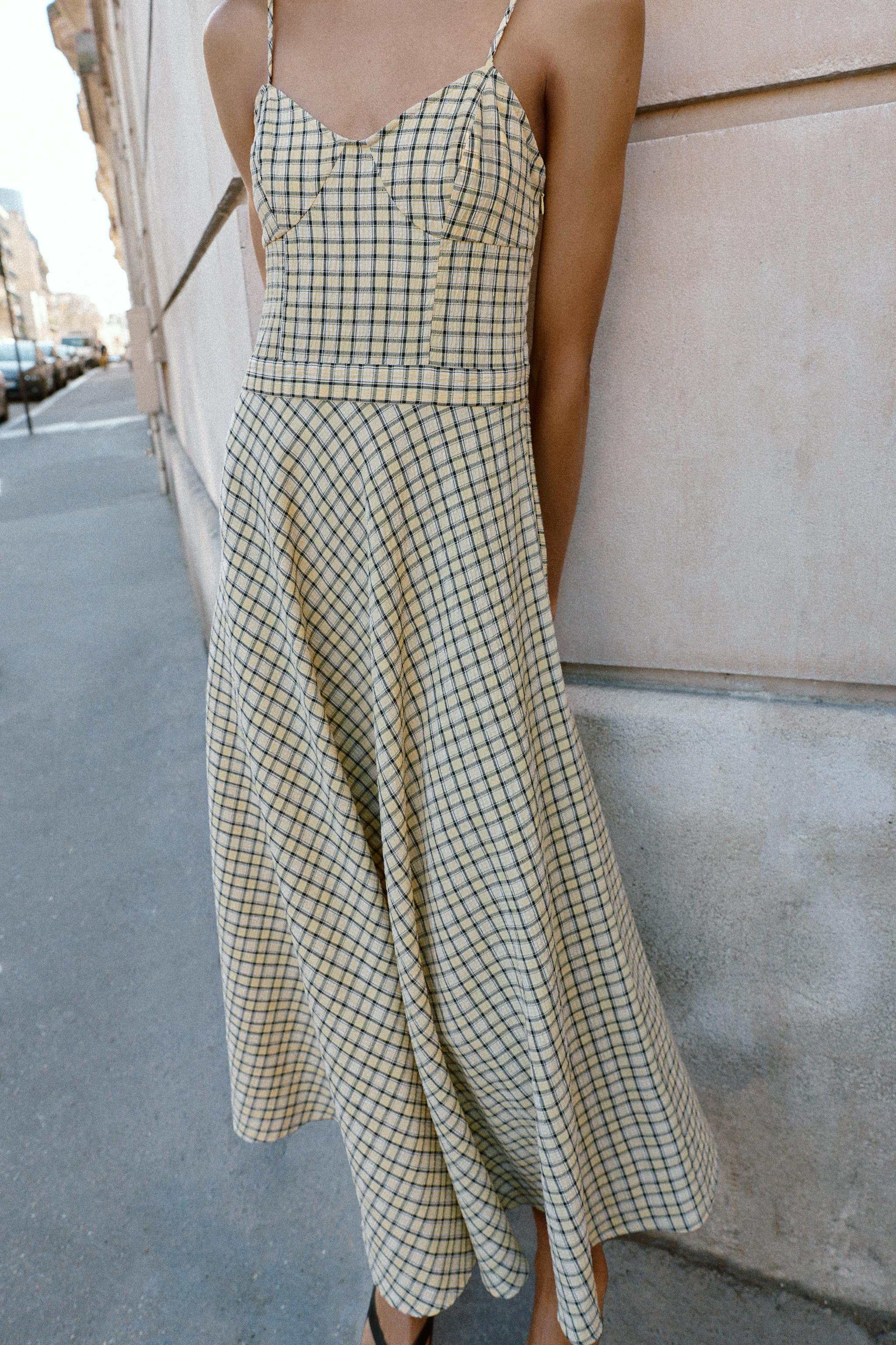 PLAID STRAPPY MIDI DRESS