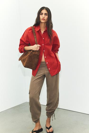 Zara PREDIMENZIONIRANA KOŠULJA OD PRANOG POPELINA – tamnocrvena – Slika 0