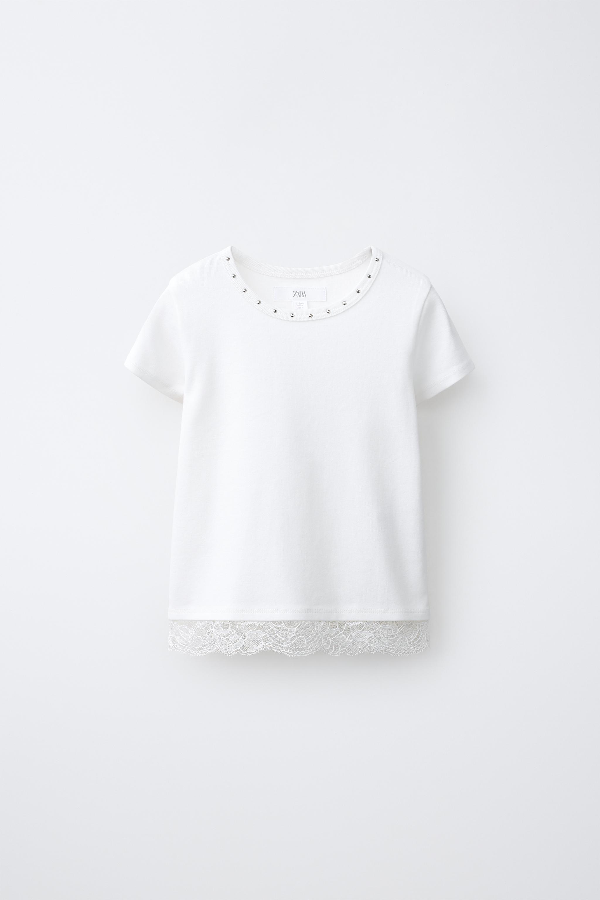 STUDDED LACE HEM T-SHIRT — White