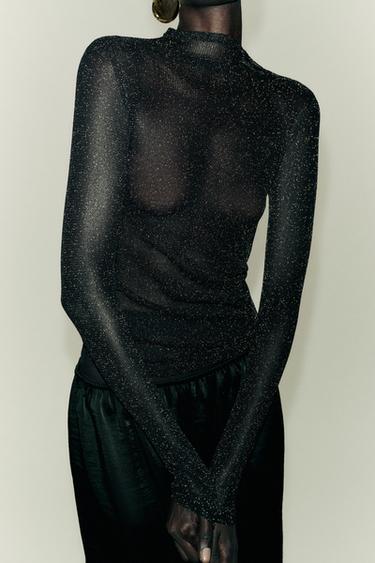 Zara METALLIC THREAD TOP - Black