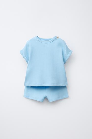 CONJUNTO CAMISETA Y BERMUDA WAFFLE - Azul medio de Zara