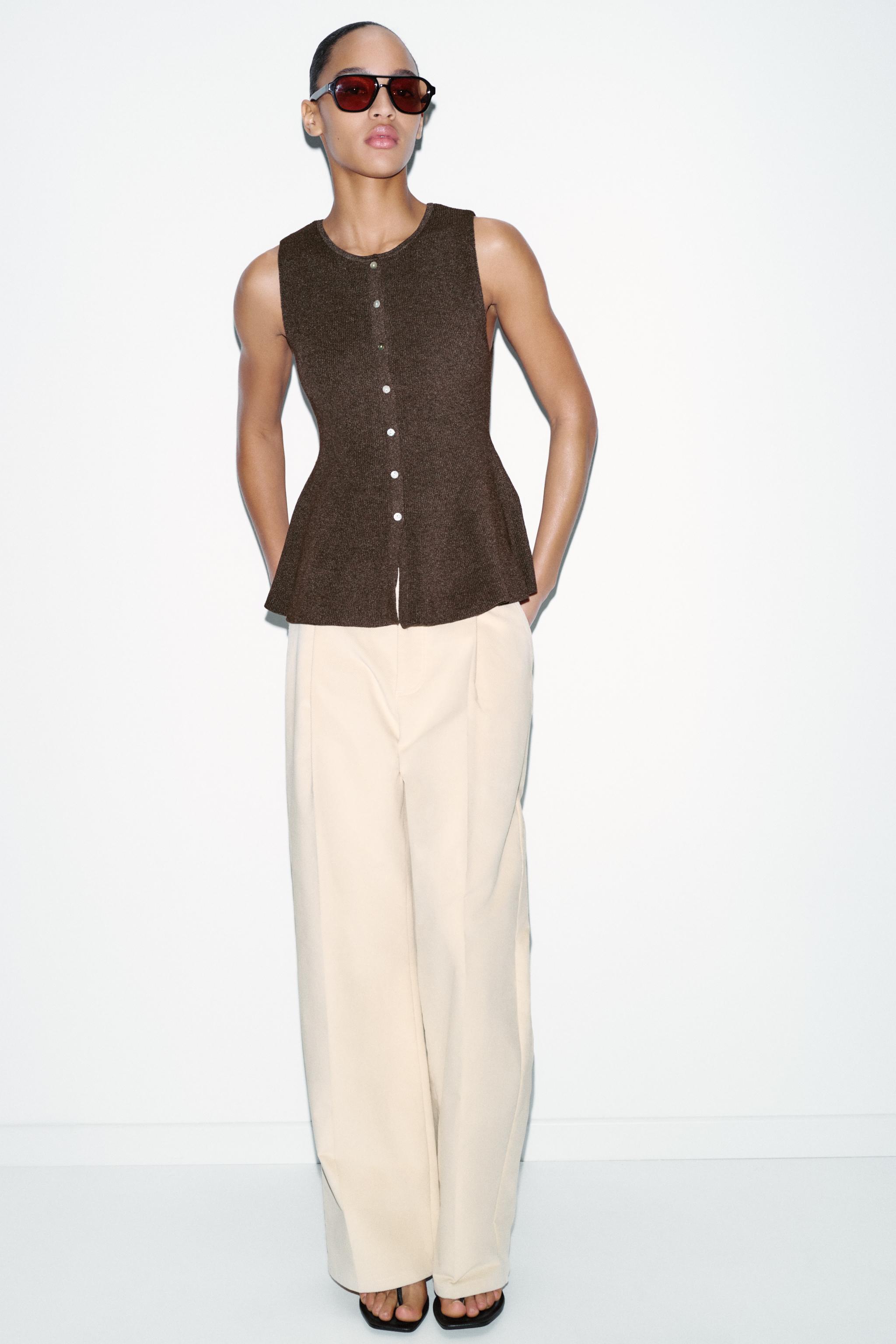 BUTTONED RIB PEPLUM TOP - brown vigore | ZARA United States