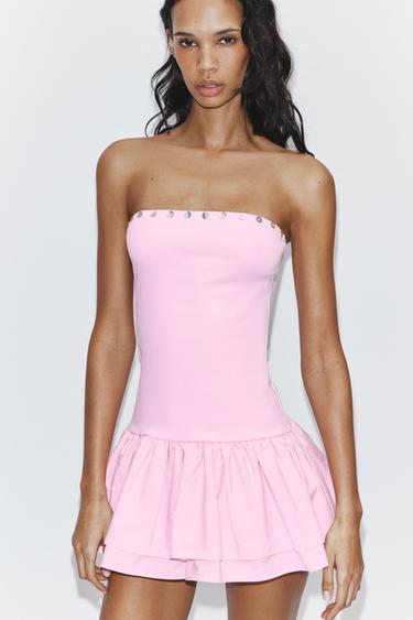 Zara RUFFLED MINI DRESS - Pastel pink