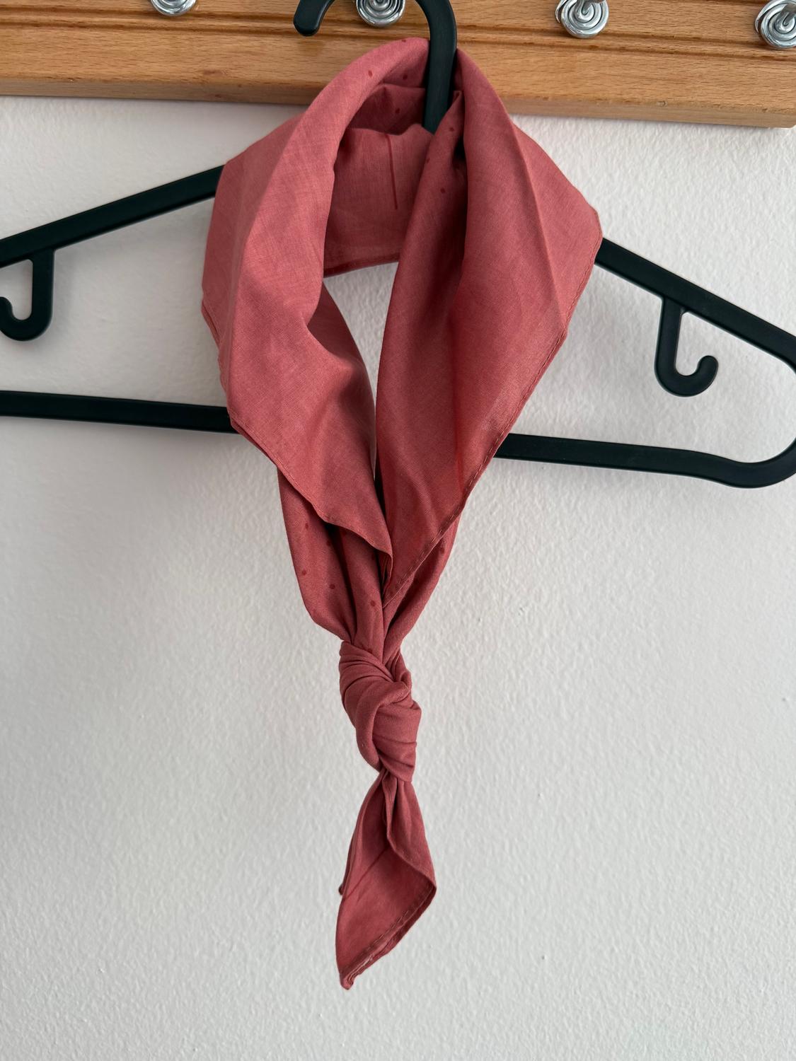 Red scarf hanging on a black hanger against a white wall. The scarf is knotted in the middle.