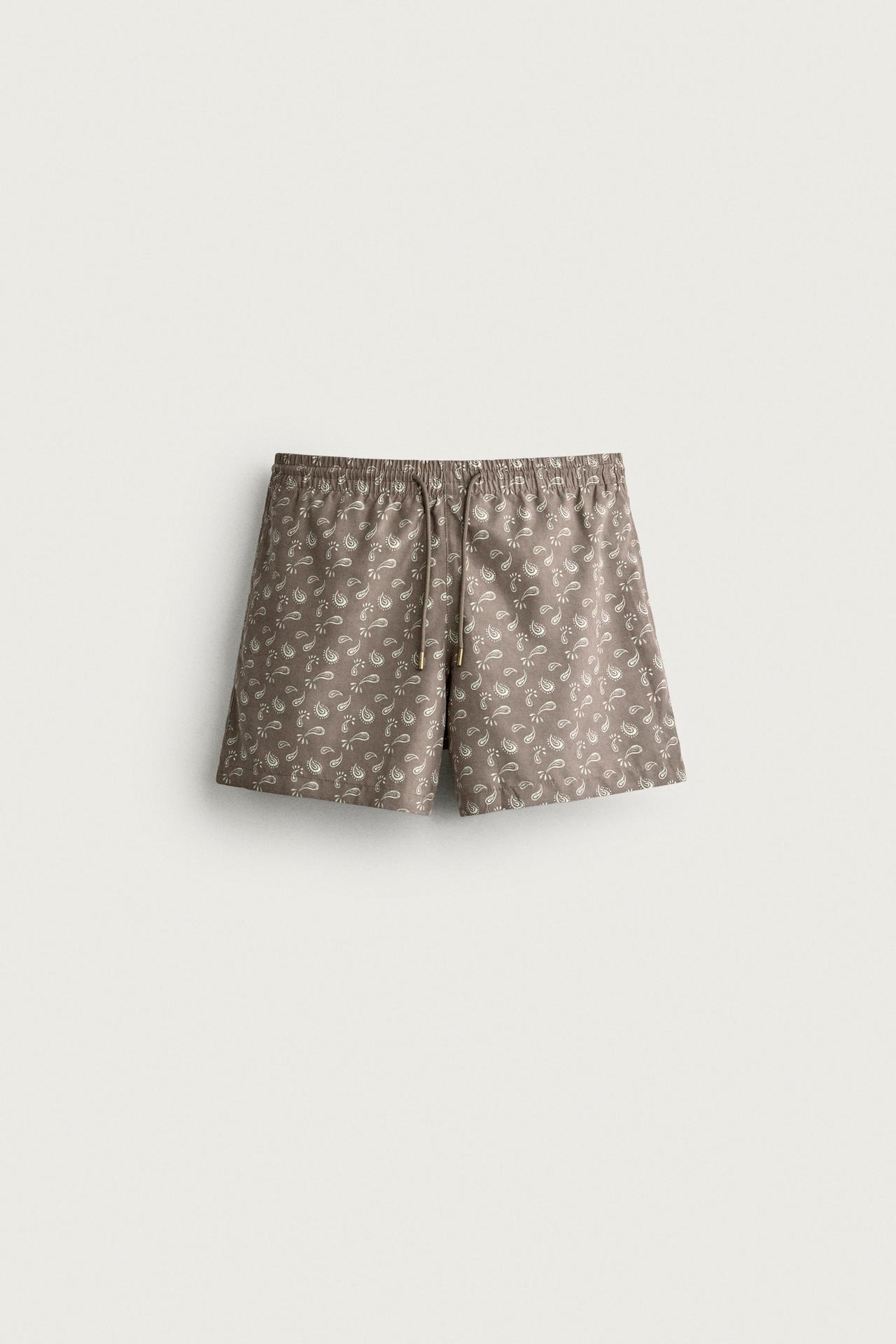 PAISLEY PRINT MID-LENGTH SWIM TRUNKS — Brown