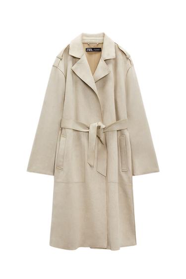 FAUX SUEDE TRENCH COAT WITH BELT