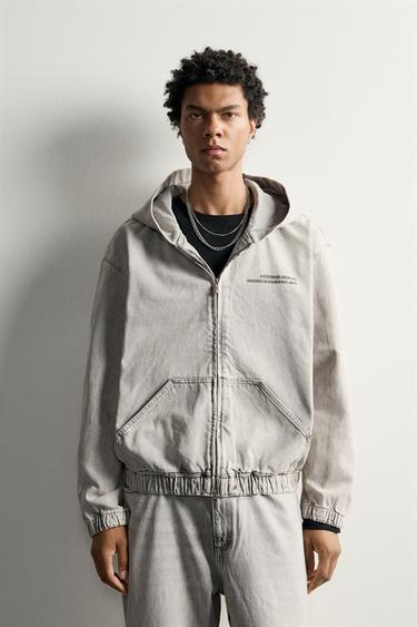 Zara DENIM HOODED JACKET WITH EMBROIDERY - Pearl gray