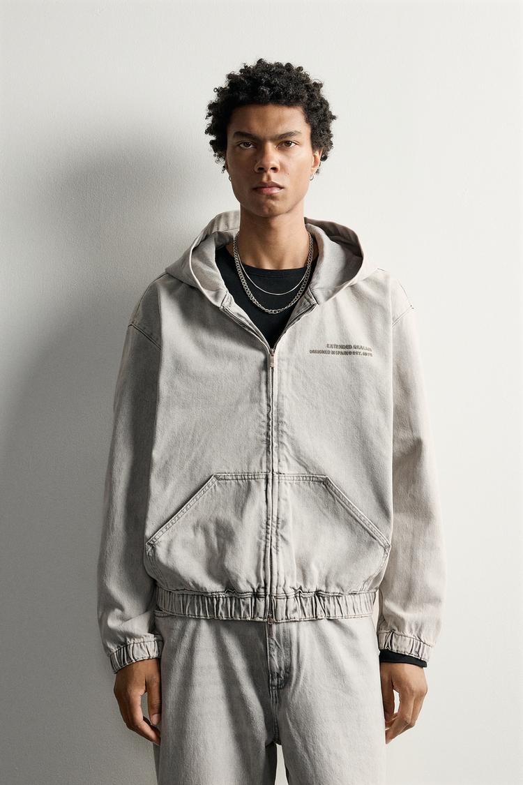 EMBROIDERED DENIM HOODIE JACKET — Pearl gray