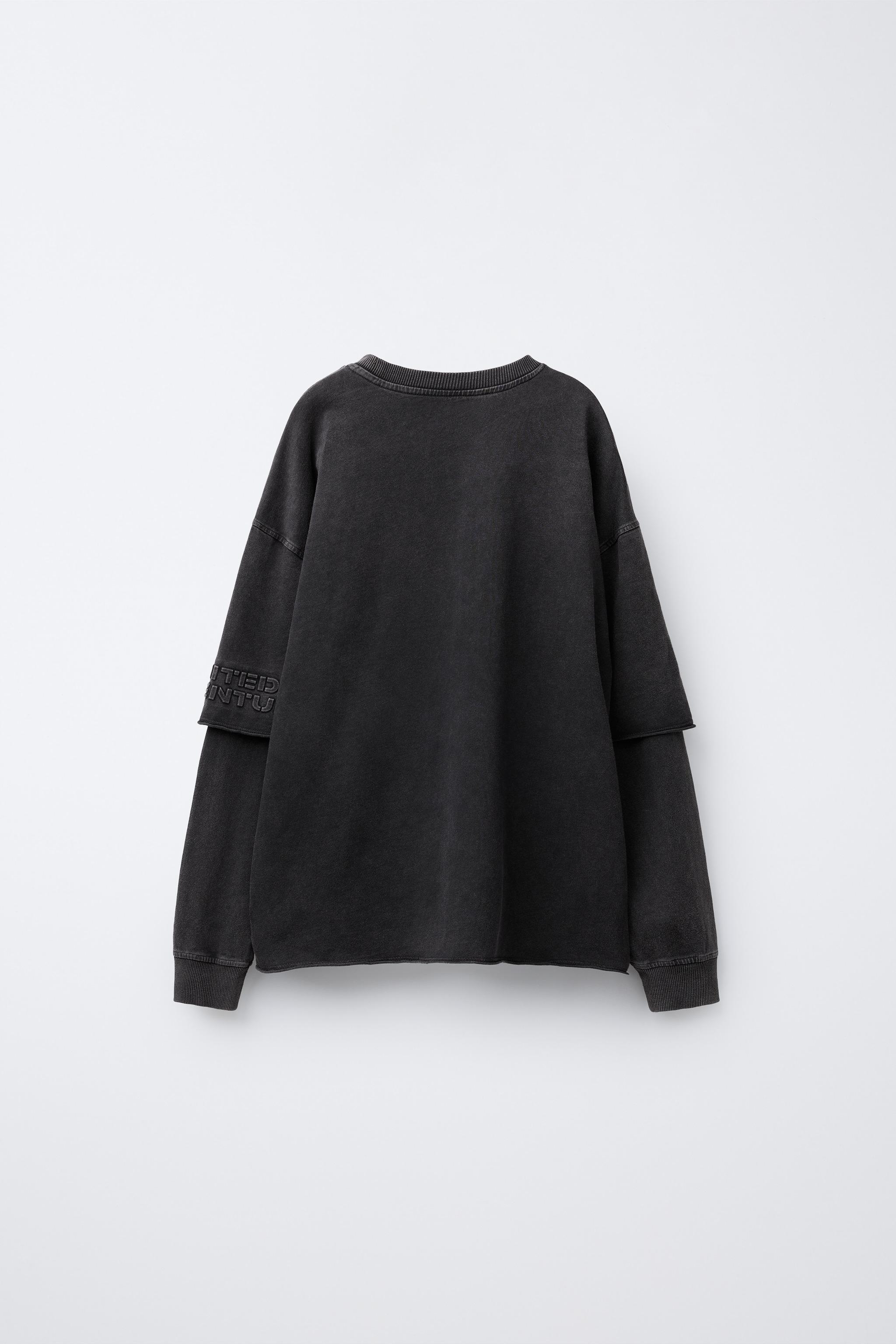 FADED-EFFECT T-SHIRT WITH DOUBLE SLEEVES AND RAISED SLOGAN