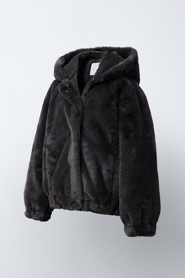 Zara FAUX FUR HOODED JACKET - Anthracite grey