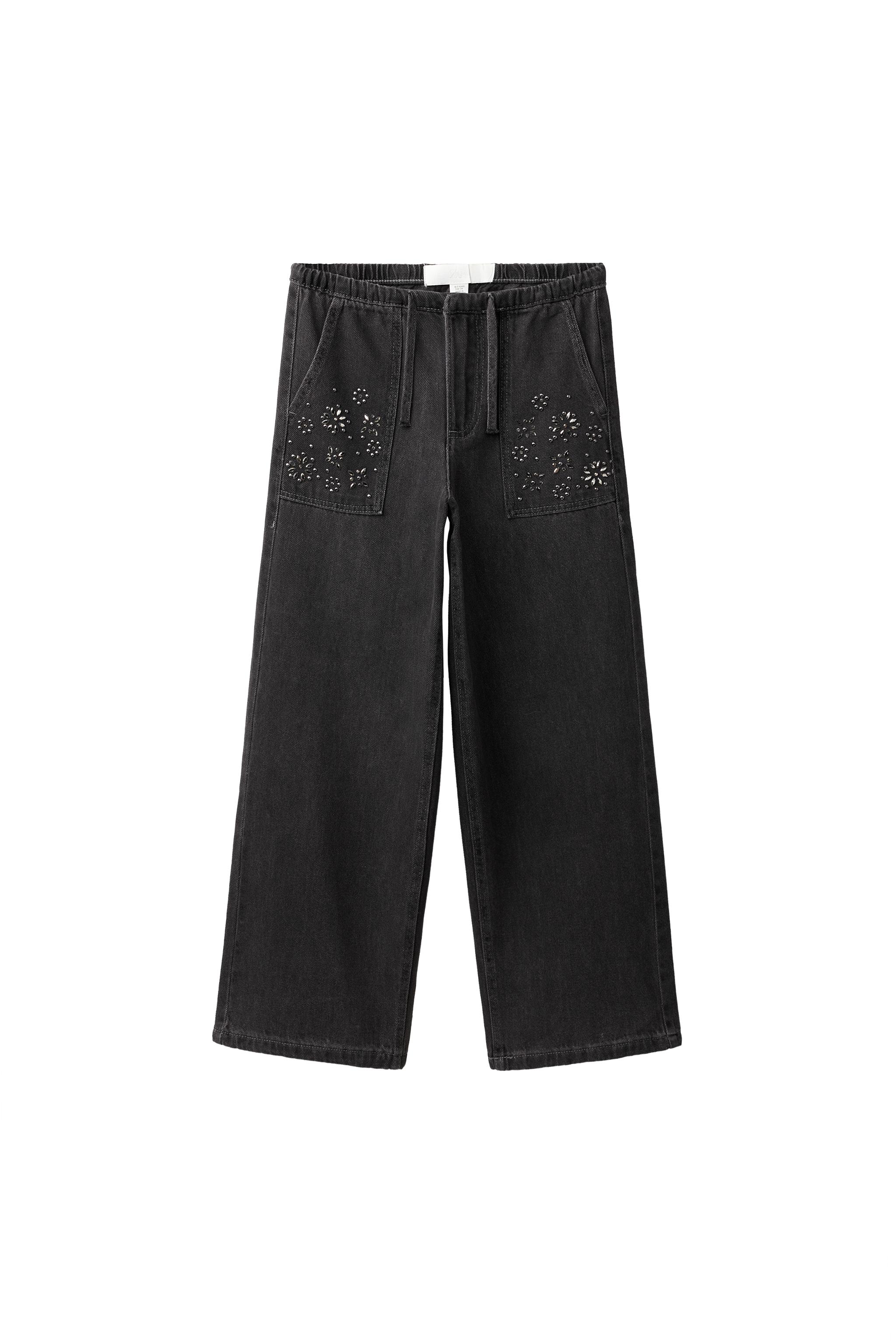スタッズ付きワイドレッグフルイドデニムパンツ - ブラック | ZARA