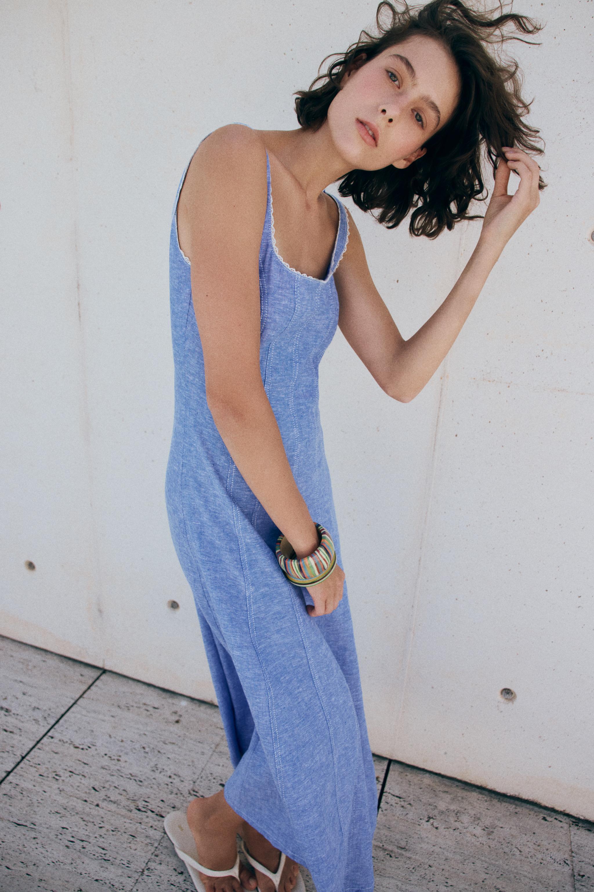 LINEN LACE TRIM MIDI DRESS
