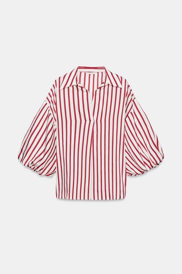 CHEMISE À RAYURES ET MANCHES BOUFFANTES - Rouge / Blanc de Zara - Image 6