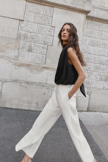 PANTALON LARGE À PINCES - Blanc cassé de Zara - Image 2