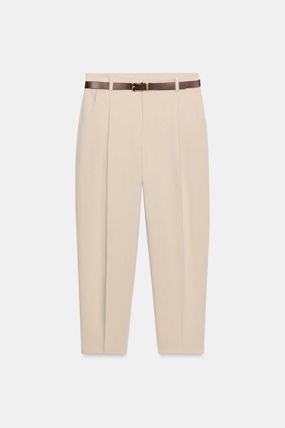 CROPPED TROUSERS WITH BELT - Light camel by Zara - Image 7