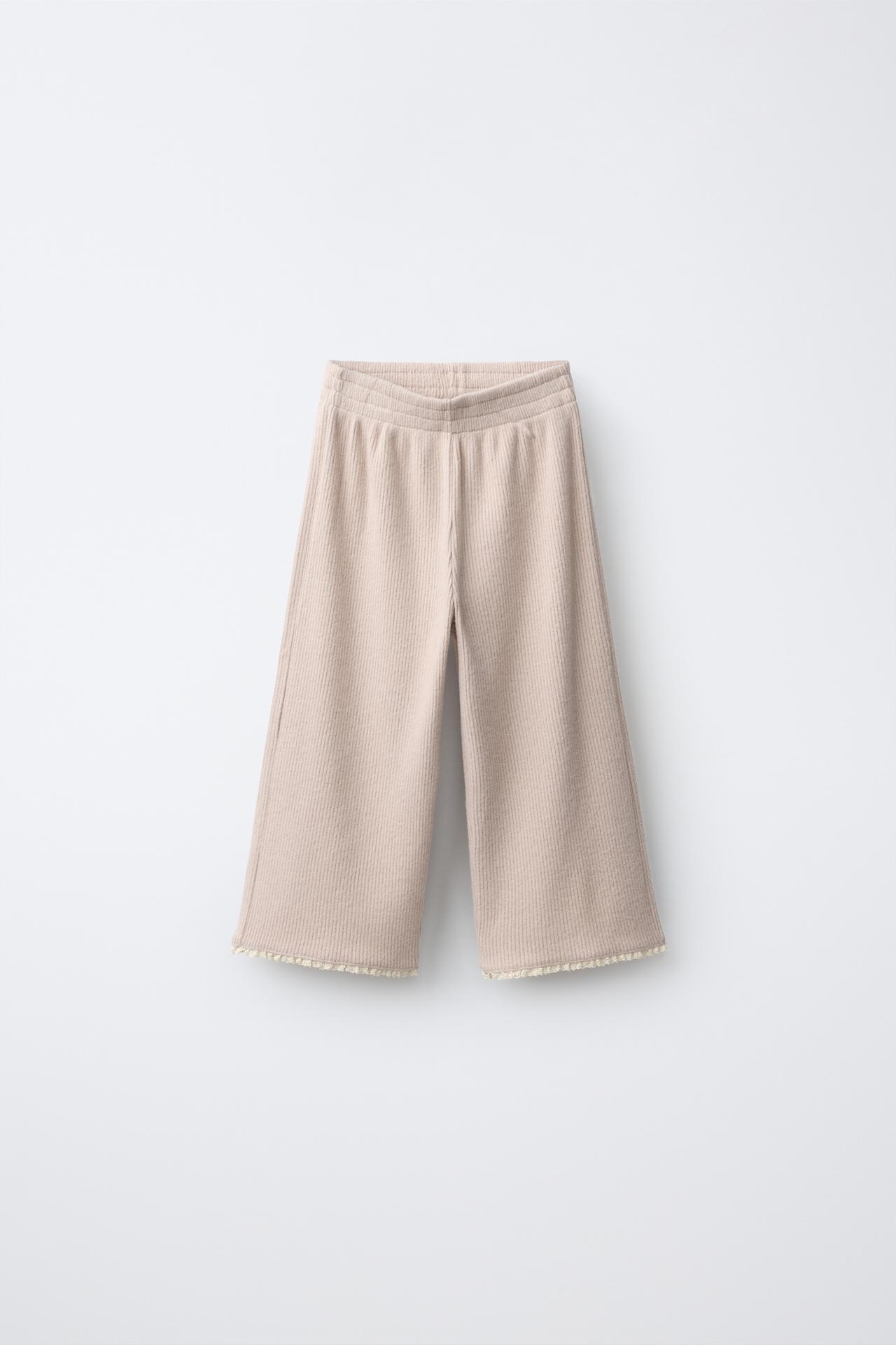 SOFT TOUCH RIBBED WIDE-LEG PANTS — Beige