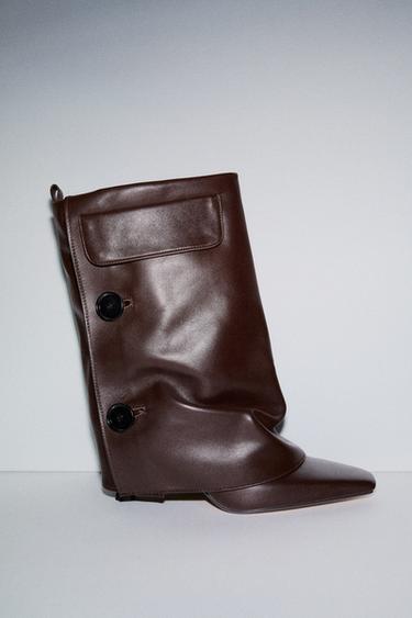 LEATHER FOOTED LEGGINGS HEELED ANKLE BOOTS - Burgundy Red by Zara