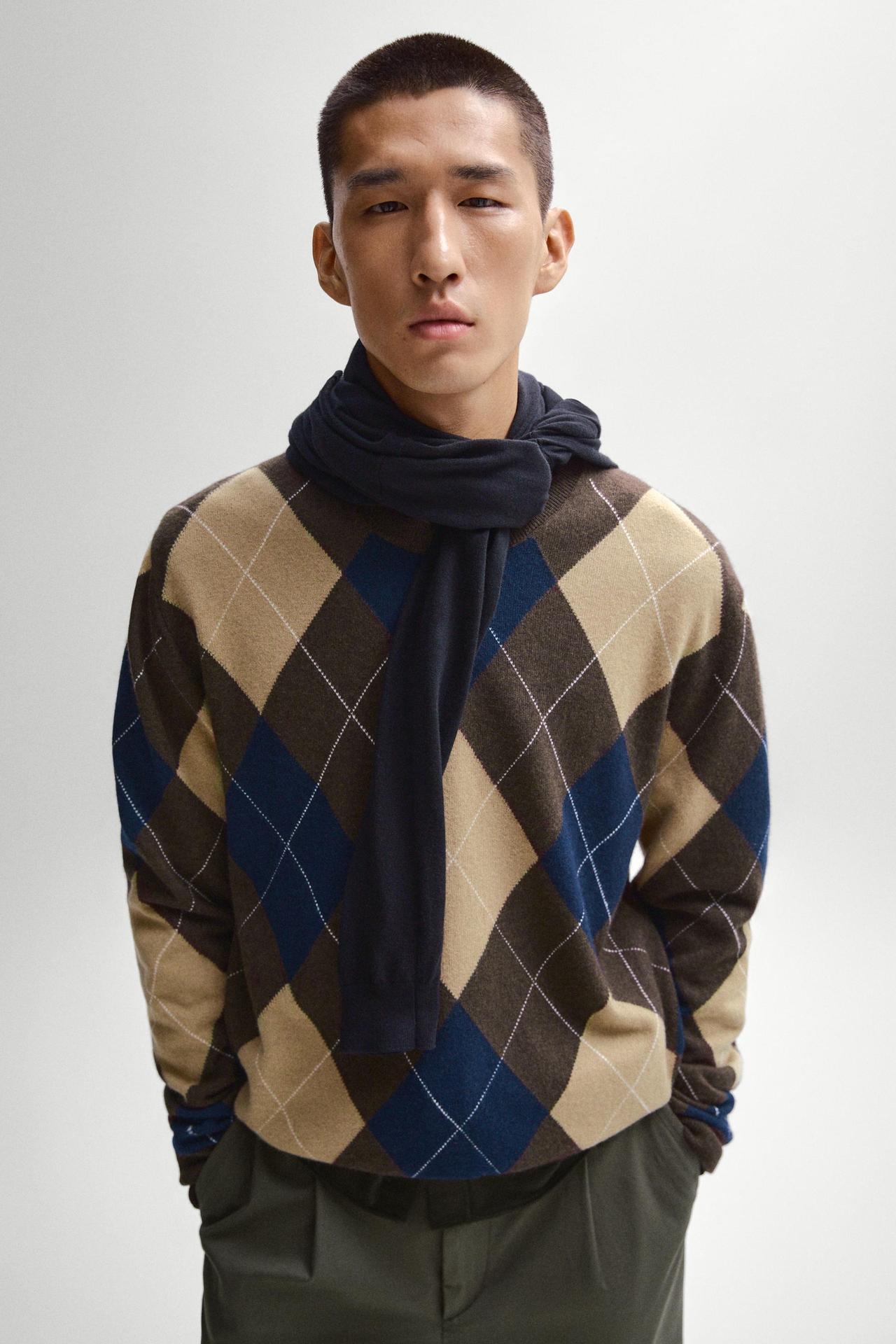 Wool-blend Argyle knit sweater — Brown marl