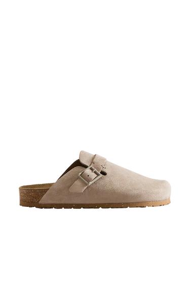 Zara LEATHER MULE CLOG SLIPPERS WITH BUCKLE AND TOPSTITCHING DETAIL - Taupe Gray