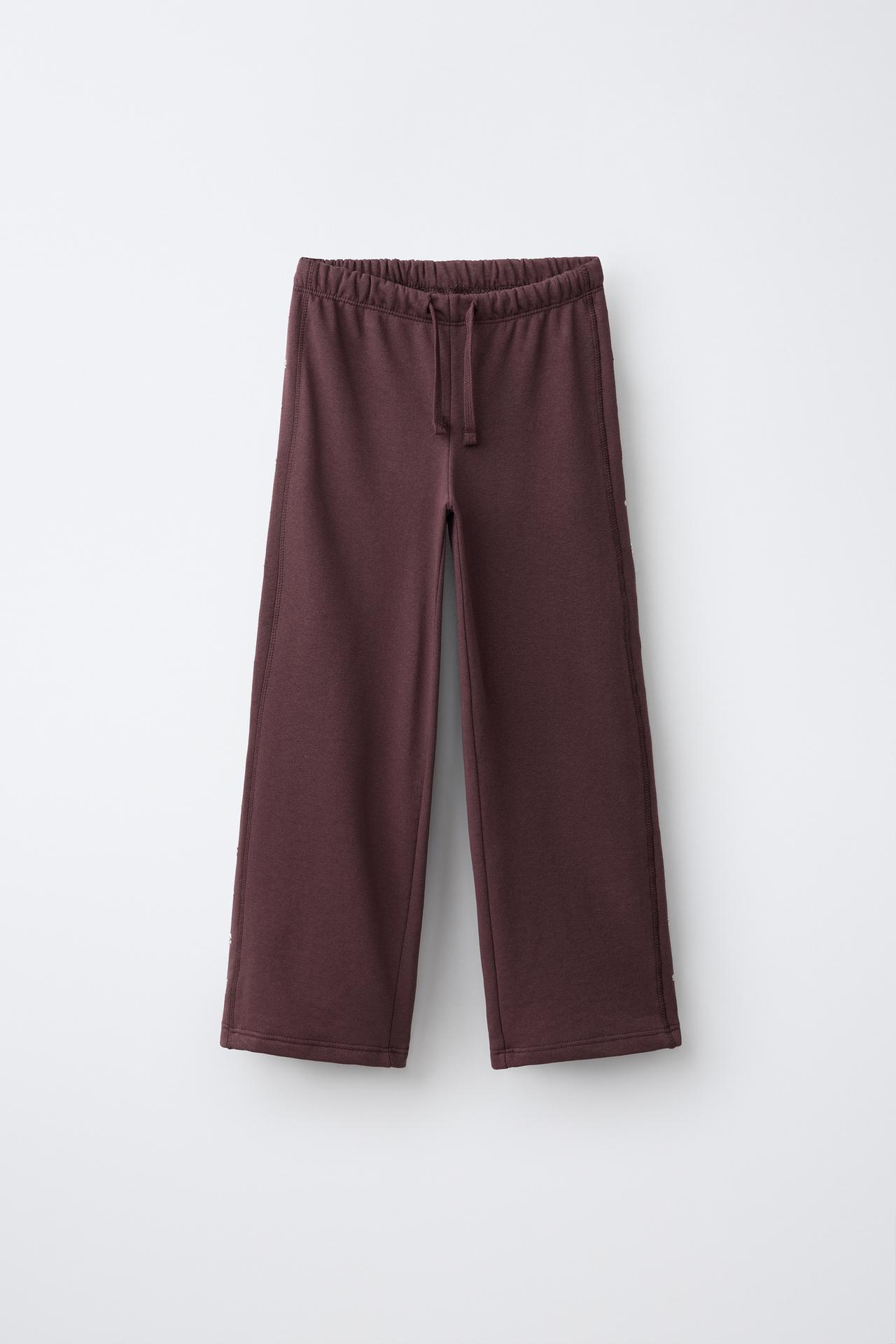 WIDE-LEG STUDDED PANTS — Burgundy