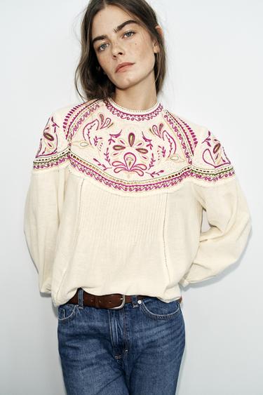 EMBROIDERED BLOUSE - Ecru by Zara