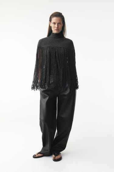 KNIT CAPE WITH FRINGING - Dark grey by Zara - Image 0