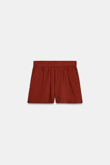 SHORT EN LIN À TAILLE ÉLASTIQUE - Rouge orangé de Zara - Image 4