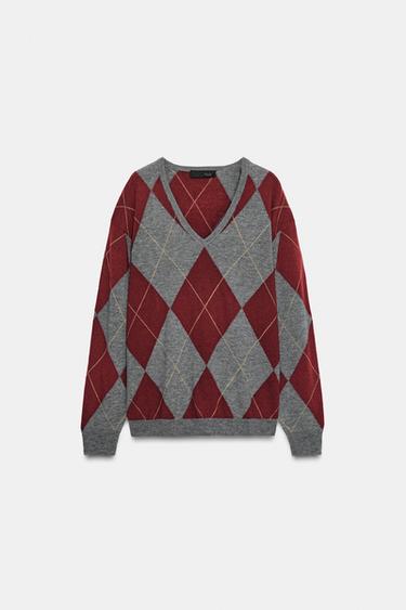 PULL 100 % LAINE À LOSANGES - Gris grenat de Zara - Image 5