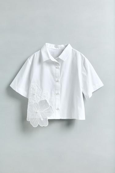 반짝이 꽃 포플린 셔츠 - Zara 화이트