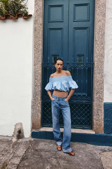 Zara POLKA DOT CROP TOP - Blue / White
