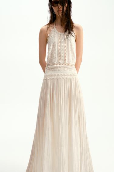 Zara ZW COLLECTION 蕾絲中長版洋裝 - 裸色