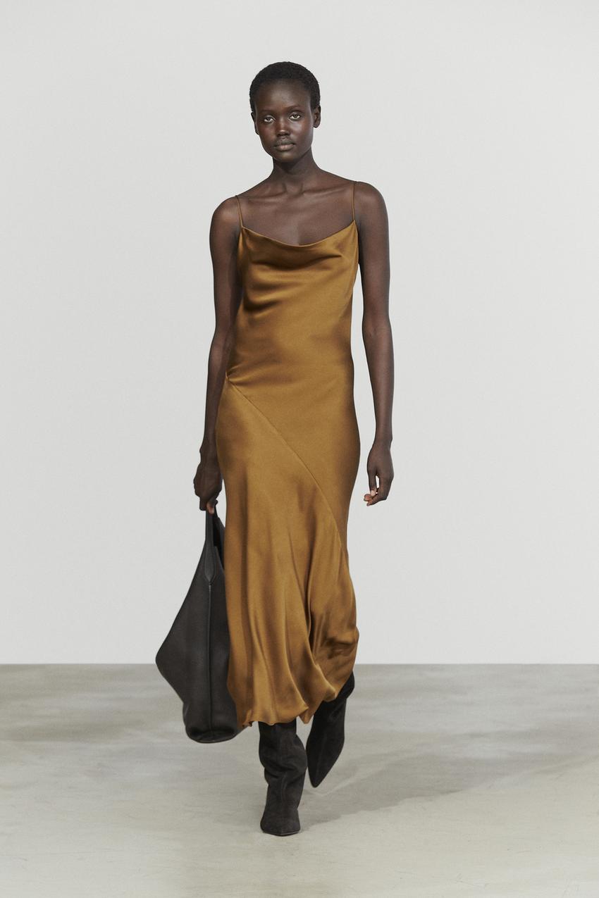 zara viral dress brown Flowing satin finish midi - Black / Fuchsia Style:Cutout Open back Quantity:6 pairs Light Blue Iridescent Sequin