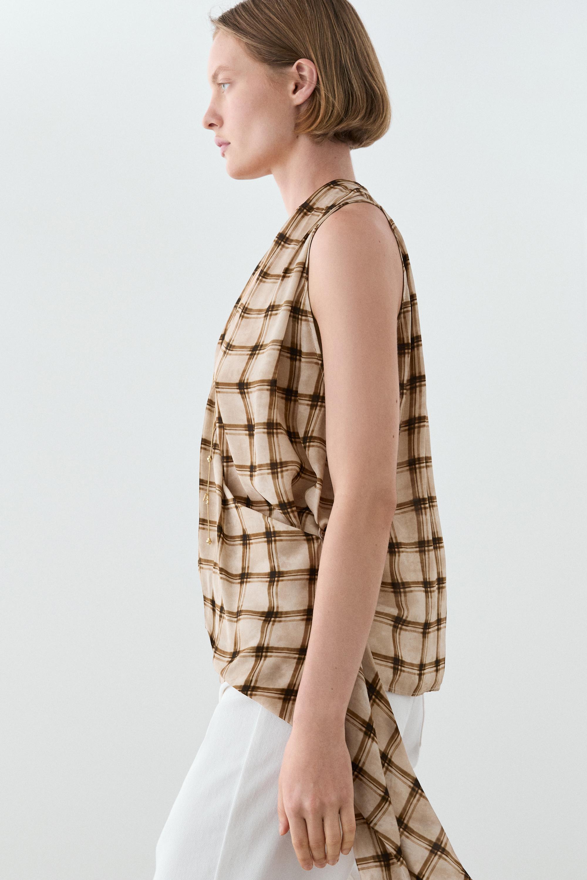 Flowing check print surplice top