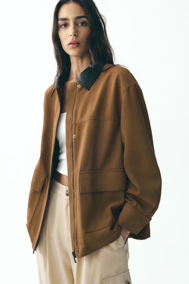 Zara CONTRAST COLLAR FAUX SUEDE JACKET - Brown