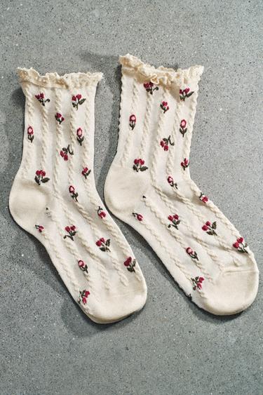 FLORAL PRINT LACE TRIM SOCKS - Ecru by Zara - Image 0
