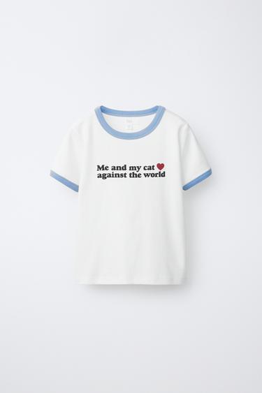 RIBBED T-SHIRT WITH CONTRAST SLOGAN - Pastel blue by Zara