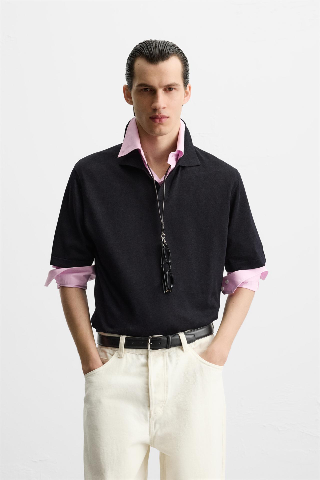 Zara VISCOSE KNIT POLO SHIRT - Dark navy