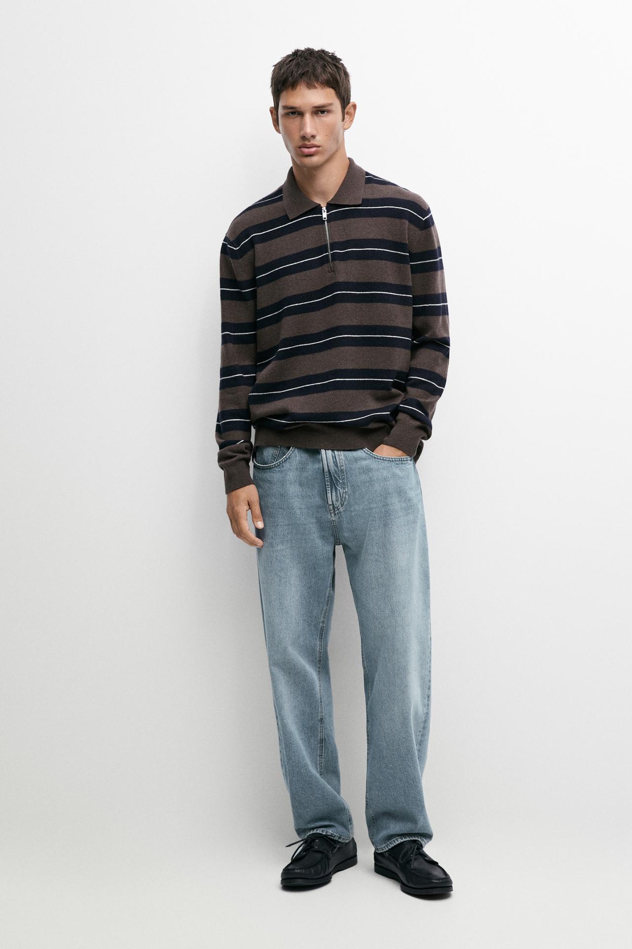 Striped knit polo sweater — Light whiskey
