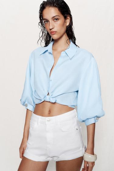 Zara LINEN BLEND PUFF SLEEVE SHIRT - Sky blue